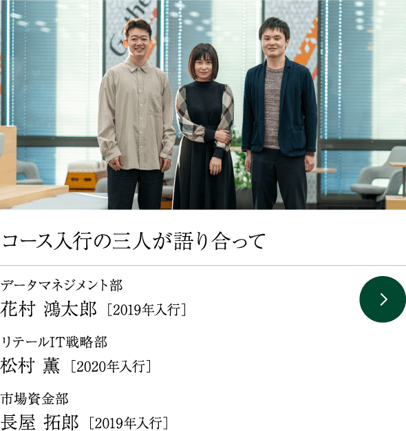 コース入行の三人が語り合って データマネジメント部 花村 鴻太郎 ［2019年入行］ リテールIT戦略部 松村 薫 ［2020年入行］ 市場資金部 長屋 拓郎 ［2019年入行］